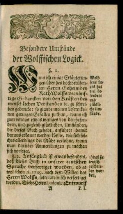 Besondere Umstände der Wolffischen Logick