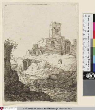 [Landschaft mit einer Ruine im Hintergrund, davor zwei Menschen im Gespräch, im Vordergrund ein Wasserfall und ein Fluss; Landscapes with Ruins]