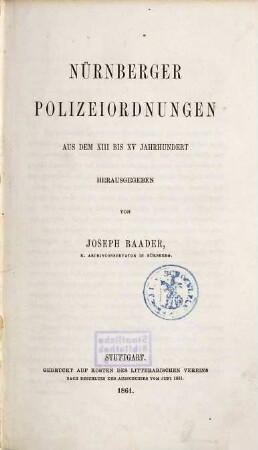 Nürnberger Polizeiordnungen aus dem XIII. bis XV. Jahrhundert
