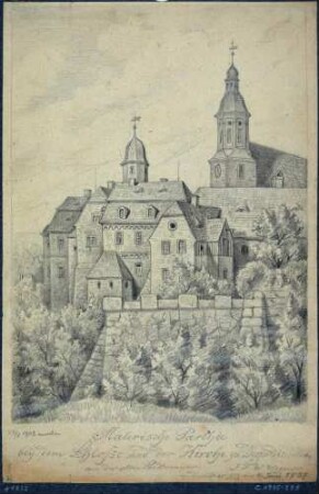 Das Schloss und die Kirche hinter der Stadtmauer in Dippoldiswalde