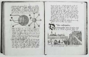 Senfftenberg, Veith Wolff von, diser zeit der statt Danzigk Zeugmeister, handtbiechlin und auszug von seinen [Kriegs-]erfindungen. 1570-1580. Doppelseite Blatt 97v mit Darstellung von Kettenkugeln als Wurfgeschosse und Blatt 98r mit Darstellung von Türken, die eine Stadt untergraben, um sie zu sprengen