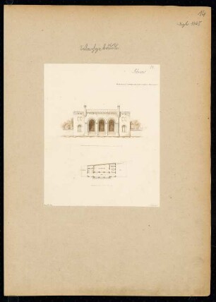 Wachgebäude Monatskonkurrenz Dezember 1845: Grundriss Erdgeschoss, Aufriss Vorderansicht; Maßstabsleiste