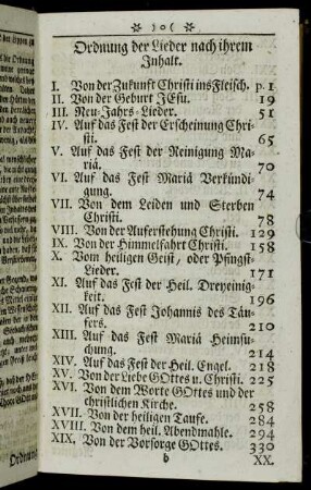 Ordnung der Lieder nach ihrem Inhalt.
