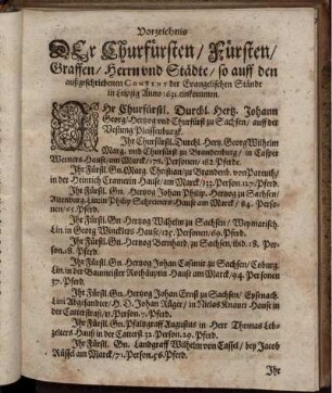 Vorzeichnis Der Churfürsten, Fürsten, Graffen, Herrn und Städte, so auff den außgeschriebenen Convent der Evangelischen Stände in Leipzig Anno 1631. einkommen.