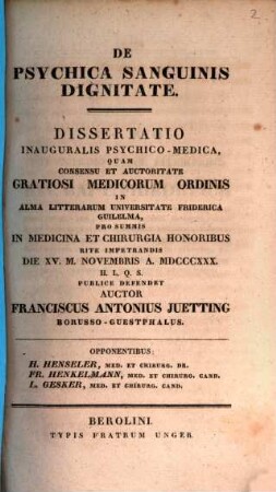 De psychica sanguinis dignitate : dissertatio inauguralis psychico-medica