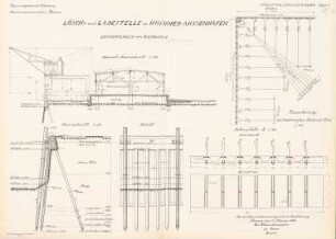 Lösch- und Ladestelle im Außenhafen, Husum: Anordnung der Kaimauer: Ansicht, Grundriss, Schnitte 1:100, 1:50, 1:20