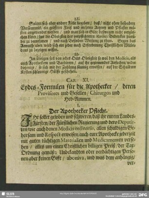 Cap. XI. Eydes-Formulen für die Apothecker, deren Provisores und Gesellen, Chirurgos und Heb-Ammen