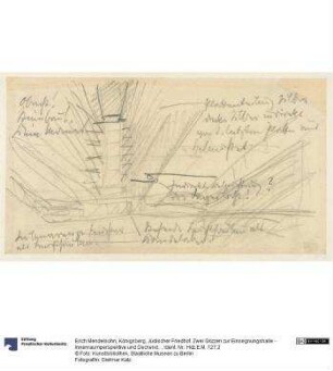 Königsberg, Jüdischer Friedhof. Zwei Skizzen zur Einsegnungshalle - Innenraumperspektive und Deckendetail