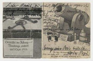 Postkarte von Eryk Pepinski an Raoul Hausmann. Grange aux Bois / bei Metz. Feldpostkarte, beklebt mit Zeitungsausschnitten, darunter die Karikatur von Paul Simmel: In der Kriegsausstellung.