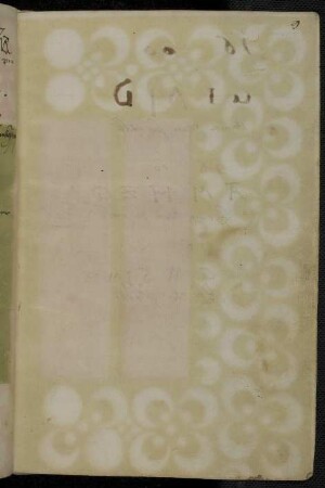 Stilisiertes Blüten-Muster, mit ausgespartem zweispaltigem Schriftspiegel