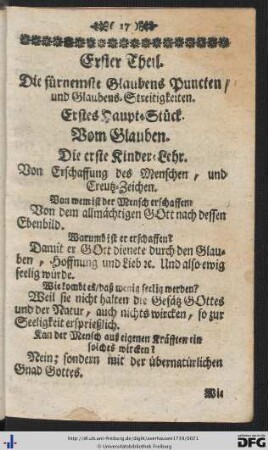 Erster Theil. Die fürnemste Glaubens Puncten und Glaubens-Streitigkeiten.