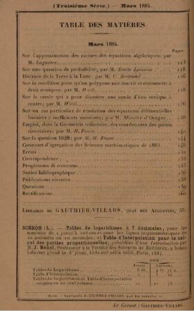 Table des matières. Mars 1884.
