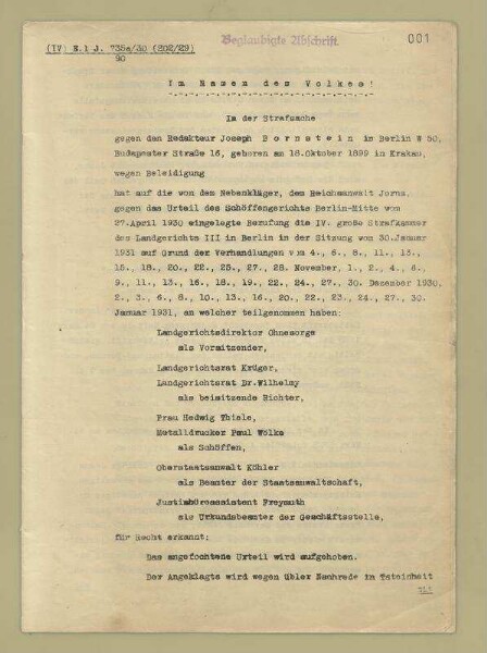 Urteil des Landgerichts II, Berlin, in der Strafsache gegen den Redakteur Joseph Bornstein wegen übler Nachrede in Tateinheit mit Beleidigung des Kriegsgerichtsrates Jorns vor dem Gericht der Garde-Kavallerie-Schützen-Division