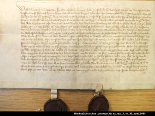 Treueid des Rederd Beninga für den Häuptling Ulrich Cirksena und die Stadt Hamburg = OUB I, Nr. 546, S. 482 Anhängende Siegel 1 und 2 beschädigt erhalten