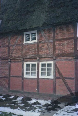 Hohenfelde 1: traufständiges Fachhallenhaus mit Reetdach: Giebelseite: Detailaufnahme: Fachwerk mit Ausmauerung, Vorkragung, Sprossenfenster