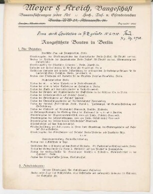 Ausgeführte Bauten Meyer & Kreich: Liste erste Seite