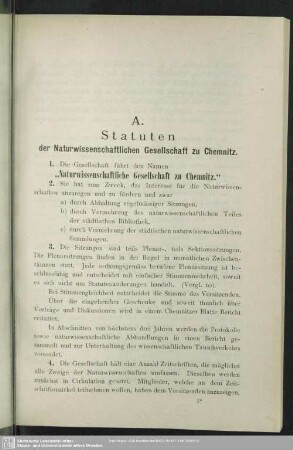 A. Statuten der Naturwissenschaftlichen Gesellschaft zu Chemnitz