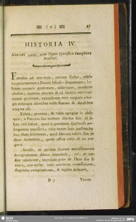 Historia IV. Maniaci tertii, cum Signo Specifico camphora tractati