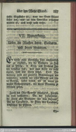 VII. Anmerkung. Ueber die Waffen derer Soldaten und deren Munition
