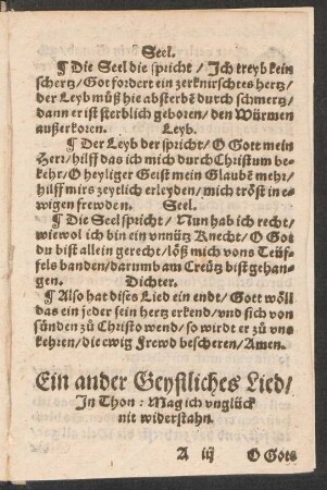 Ein ander Geystliches Lied/ || Jn Thon: Mag ich vnglück || nit widerstahn. ||