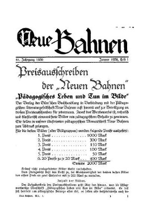 Preisausschreiben der "Neuen Bahnen"