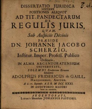 Positiones aliquot ad tit. pandectarum de regulis iuris