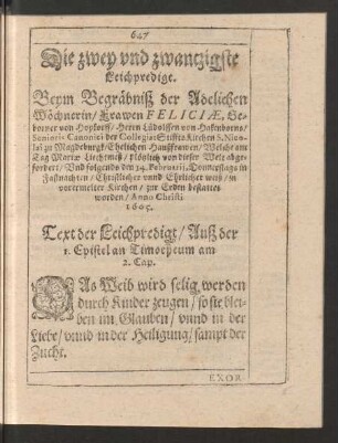 Die zwey und zwantzigste Leichpredigt. Beym Begräbniß der Adelichen Wöchnerin/ Frawen Feliciae, Geborner von Hopkorff/ Herrn Lüdolffen von Hakenborns ... Ehelichen Haußfrawen ...