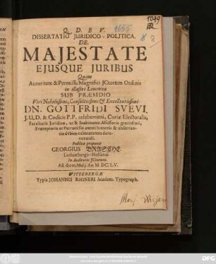 Dissertatio Iuridico-Politica. De. Maiestate Eiusque Iuribus