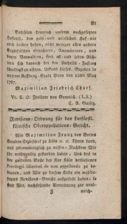 Revisions-Ordnung für das kurfürstl. kölnische Oberappellations-Gericht.