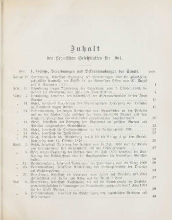 Inhalt des Bremischen Gesetzblattes für 1901