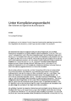 Unter Komplizierungsverdacht. Über Schönheit und Eigenheit der deutschen Sprache