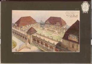 Erziehungsheim Schinkelwettbewerb 1909: Lehrerwohngebäude mit Schülerheim, Blick in einen Hausgarten. Perspektivische Ansicht (Vogelschau)