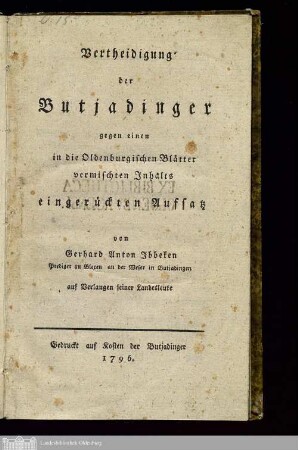 Vertheidigung der Butjadinger gegen einen in die Oldenburgischen Blätter vermischten Inhalts eingerückten Aufsatz