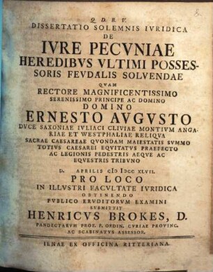 Diss. sol. iur. de iure pecuniae heredibus ultimi possessoris feudalis solvendae