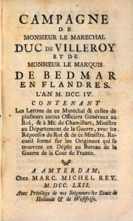 Campagne de M. Marechal de Villeroy et de Mr. le M. de Bedmar en Flandre
