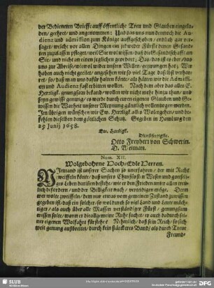 Num. XII. Wolgebohrne Hoch-Edle Herren
