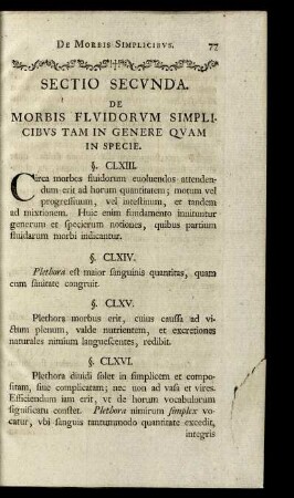 Sectio Secunda. De morbis fluidorum simplicibus tam in genere quam in specie.