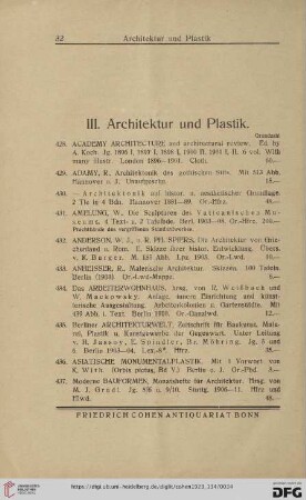 III. Architektur und Plastik (Nr. 428 - 540)