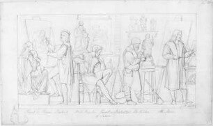 Kunst in Italien und Deutschland im 16. Jahrhundert : Rietschel, Ernst. Relief für die Aula des Leipziger Augusteums. Kunst in Italien und Deutschland im 16. Jahrhundert. Bleistift auf hellelfenbeinfarbenem Velin; 26,9 x 46,3 cm. Februar 1836. Privatbesitz (Nachlass des Künstlers). WVZ 257