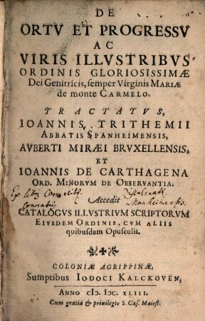 Tractatus de Ortu et progressu ordinis V. M. de Carmelo