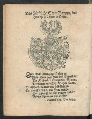 Ds Fürstliche Stam Wappen/ der Hertzoge zu Teschen in Slesien.