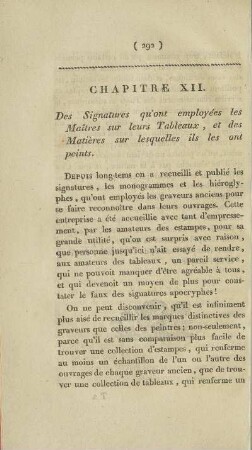 Chapitre XII. Des Signatures qu'ont wmployées les Maîtres sur leurs Tableaux, et des Matières sur lesquelles ils les ont peints.
