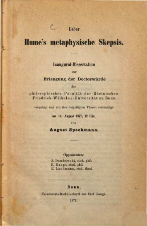Ueber Hume's metaphysische Skepsis
