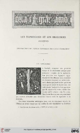 2. Pér. 26.1882: Les tapisseries et les broderies anciennes à l'exposition de l'Union Centrale des Arts Décoratifs