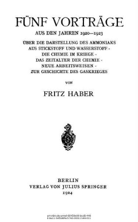 Fünf Vorträge aus den Jahren 1920 - 1923 : über die Darstellung des Ammoniaks aus Stickstoff und Wasserstoff