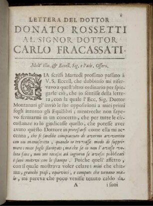 Lettera del Dottor Donato Rosetti al Signor Dottor Carlo Fracasatti.