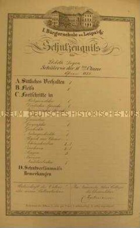 Schulzeugnis der 1. Bürgerschule Leipzig Klasse 6 für Elsbeth Degen; Ostern 1873