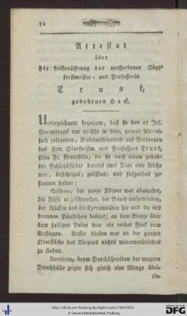Attestat über die Leichenöffnung der verstorbenen Oberforstmeister- und Professorin Trunk, gebohrnen Hack.