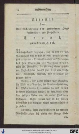 Attestat über die Leichenöffnung der verstorbenen Oberforstmeister- und Professorin Trunk, gebohrnen Hack.