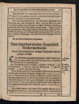 Nun folget das vierdte Hauptstück/ Welches handlen soll/ Vom Underscheidt des Heiligen Nachtmals und der Heiligen Tauffe.